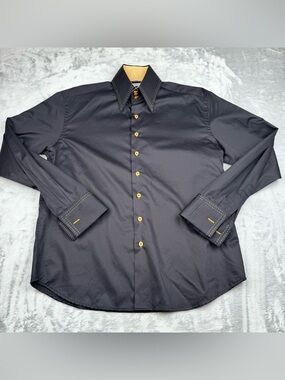 MorCouture Black Dress Shirt Mens M Long Sleeve 3 Button High Collar French Cuff